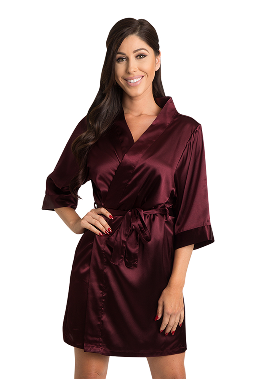 Wine Burgundy Satin Kimono Robe