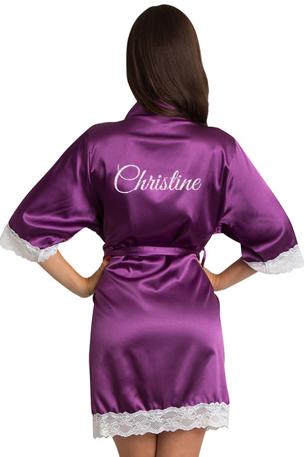 Personalized Glitter Satin Robes with Knit Lace Trim, Custom Lace Bridesmaid  Robes