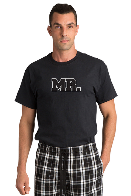 Zynotti Mr matching black and white flannel plaid pajama lounge sleepwear pants with mr black crewneck tee shirt top