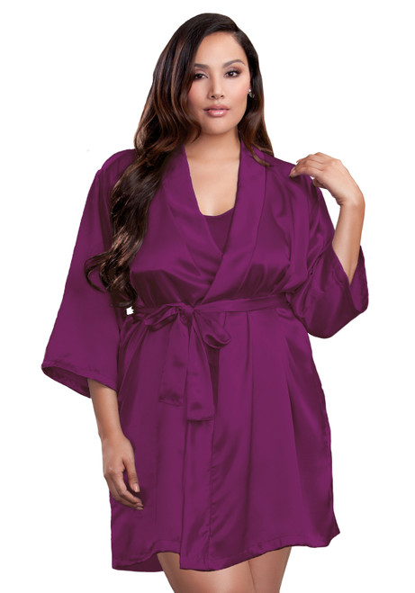 Zynotti plus size wedding getting ready bridal party kimono eggplant plum satin robe for bridesmaid, maid of honor, mother of the bride, mother of the groom, matron of honor