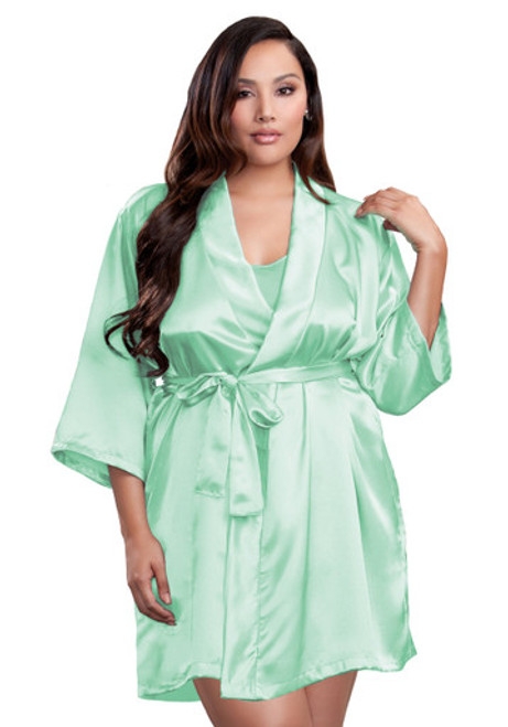 Plus Size Mint Green Satin Kimono Robe