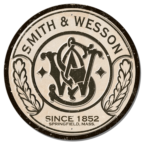 S&W EMBOSSED ROUND TIN SIGN