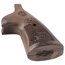 ENGRAVED WOOD SQUARE BUTT TARGET GRIPS FOR N-FRAME REVOLVERS