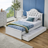 Beautifully designed curved bedhead with real white leather and leather buttons, perfect for any little princesses room, this bed will make a lasting impression. King Single ONLY.