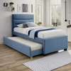 Ryde Upholstered Bed Frame with Trundle is a contemporary bed frame available with a pull out trundle bed. Upholstered in blue mint fabric.