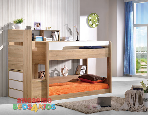 Zenga Low Line Bunk Bed is a great option for space saving with younger kids. Awesome use of space with a bookcase and shelf with easy walk up stairs. Pull out wheel drawer at bottom step to use as a toy box. Available in Oak/White as per picture. Single Only.