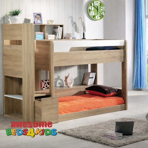 Zenga Low Line Bunk Bed is a great option for space saving with younger kids. Awesome use of space with a bookcase and shelf with easy walk up stairs. Pull out wheel drawer at bottom step to use as a toy box. Available in Oak/White as per picture. Single Only.