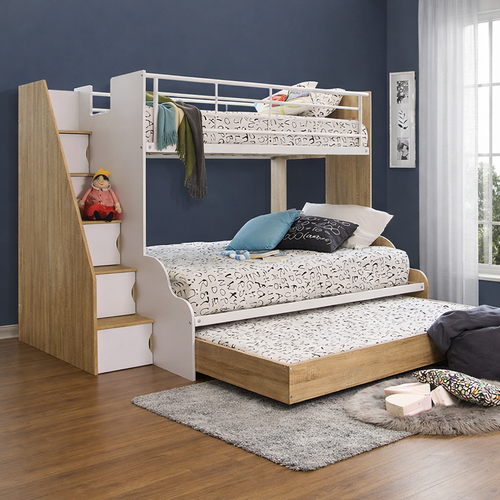 Upgrade your child’s bedroom with the Levin Triple Bunk Bed, a stylish and practical kids' bunk bed designed for families who need extra sleeping space without compromising on style. This modern triple bunk bed features a sturdy woodgrain and white finish, making it a perfect addition to any contemporary home. Whether for siblings or sleepovers, this kids' bed with storage is the ideal solution for maximizing space while keeping the room organized.