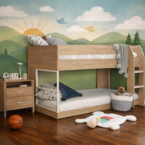 The Low Line Z1 Cloverdale Single Bunk Bed is a modern, space-saving solution for kids' bedrooms, perfect for families looking for a safe and stylish low-profile bunk. With its sleek woodgrain finish and minimalist design, this bunk bed is ideal for small rooms, offering comfort and practicality without compromising on style.