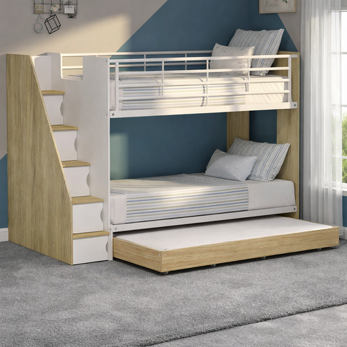 Create the ultimate sleep and storage solution with the Ashton Cruz single bunk bed with storage and trundle, designed to fit up to three single mattresses. Perfect for siblings or sleepovers, this modern single bunk bed combines smart design with practicality.