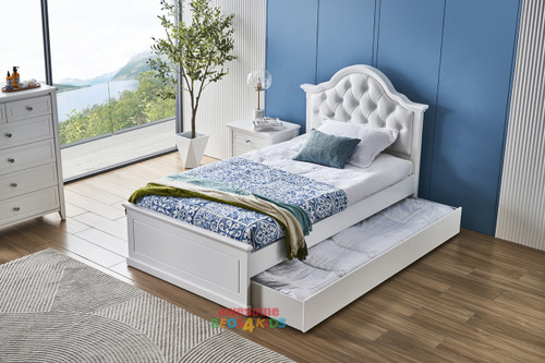 Beautifully designed curved bedhead with real white leather and leather buttons, perfect for any little princesses room, this bed will make a lasting impression. King Single ONLY.