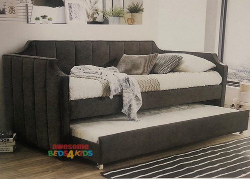 Leeman Daybed with Single Trundle is upholstered in dark grey linen fabric. Perfect for the spare room or kids room with limited space. Great single pullout trundle for extra guests.