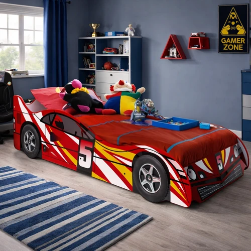 Super Speed Racing Car Single Bed features 3D wheels and is finished in bright gloss laminated finish. The perfect first bed for all kids.