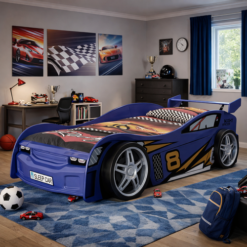 Rev up your child's bedtime with our Blue Jones car bed, designed for fun and comfort! features a sleek, sporty design with lifelike wheels, bold graphics and realistic wheels, headlights