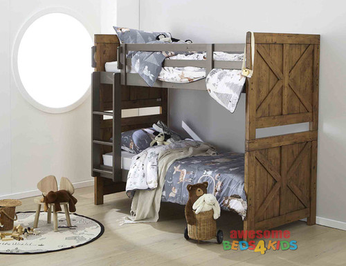 The Single & King Jayden bunk is made from solid rubber wood and mdf panels to create a modern and strong bunk bed. Distressed finish in pecan brown and metallic brown with random gouges.