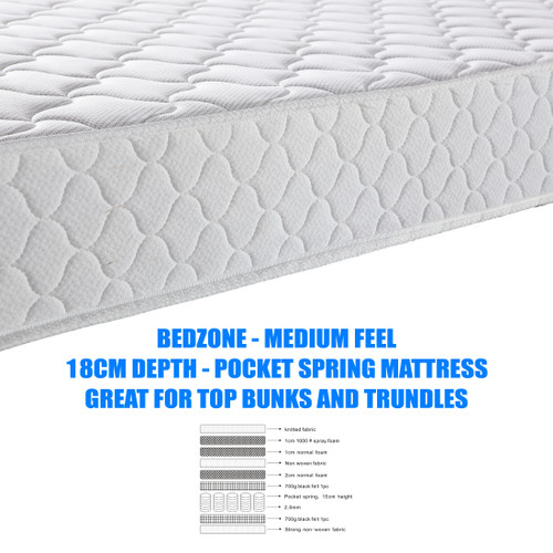 Single Bedzone Mattress features a no turn pocket spring mattress with a medium foam comfort layers. Perfect for trundles, top bunks and racing car beds. Medium Feel.