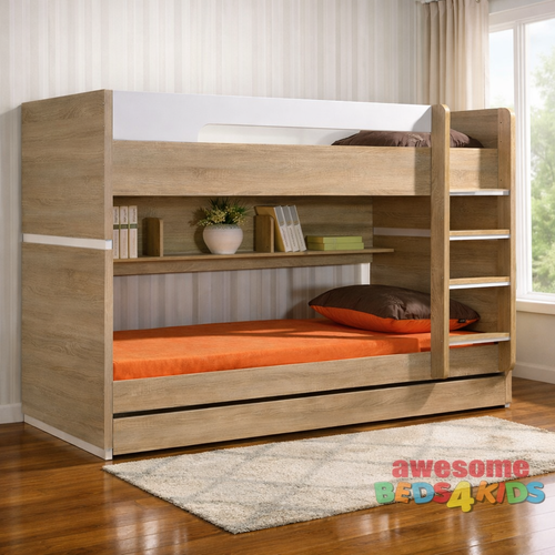 Magic Single and King Single Bunk Bed is great space saving bunk for all rooms. The Marcoola Bunk has the option to be split into two beds if required and features a trundle bed under the bottom bed great for sleepovers or storing all the kids toys or Manchester.