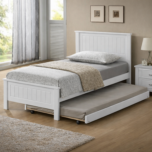 Quincy Trundle Bed Frame features an closed slated head and footboard and is great value, the perfect first bed. The low set trundle is perfect solution for sleepovers.