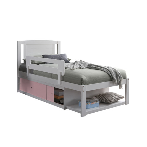 The Fontana Single Storage Bed in white is a smart and stylish solution for keeping your child's bedroom neat and organized. The sliding door can be installed on either side for flexible use.  Seen with optional bed safety rail.