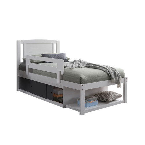 The Fontana Single Storage Bed in white is a smart and stylish solution for keeping your child's bedroom neat and organized. The sliding door can be installed on either side for flexible use.  Seen with optional bed safety rail.