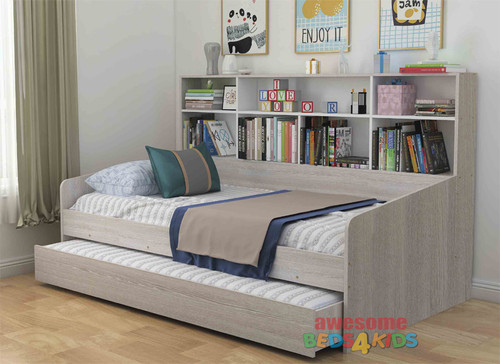 Upgrade your child’s bedroom with the Stafford King Single Trundle Bed, a stylish and functional king single bed frame designed for both comfort and convenience. Perfect for sleepovers, this versatile kids bed features a pull-out king single trundle bed, offering an extra sleeping space while saving room. 