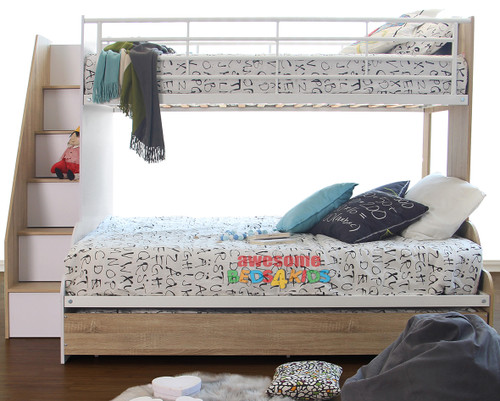 Upgrade your child’s bedroom with the Levin Triple Bunk Bed, a stylish and practical kids' bunk bed designed for families who need extra sleeping space without compromising on style. This modern triple bunk bed features a sturdy woodgrain and white finish, making it a perfect addition to any contemporary home. Whether for siblings or sleepovers, this kids' bed with storage is the ideal solution for maximizing space while keeping the room organized.