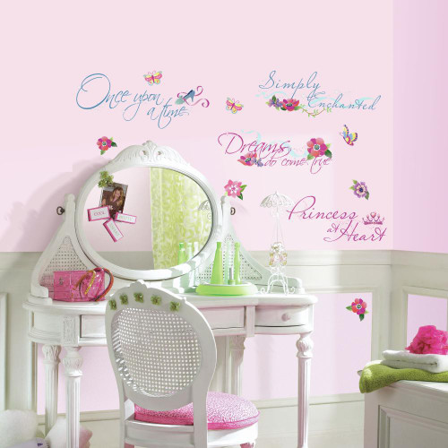 Bring the enchantment of the Disney Princess characters to your little girl's room with these beautiful phrases wall decals. Bring the enchantment of the Disney Princess characters to your little girl's room with these beautiful phrases wall decals.