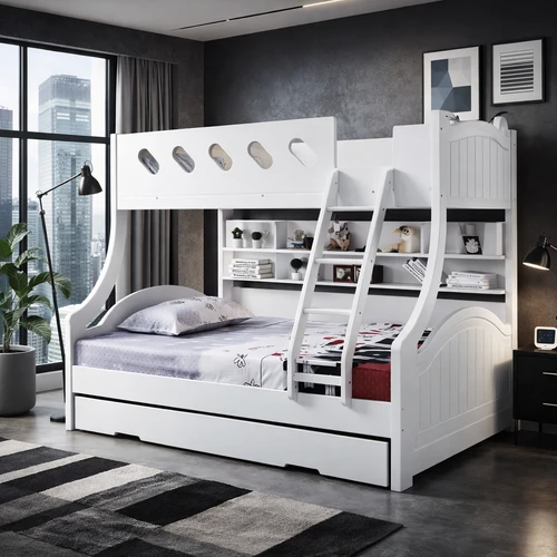 Transform your child’s bedroom with the Cloudy Bunk Bed, a stunning blend of style, functionality, and space-saving design. Featuring a sturdy wooden frame, built-in storage shelves, and a trundle bed option, this bunk is perfect for sleepovers and growing families. The angled ladder and guardrails ensure safety, while the modern white finish complements any décor.