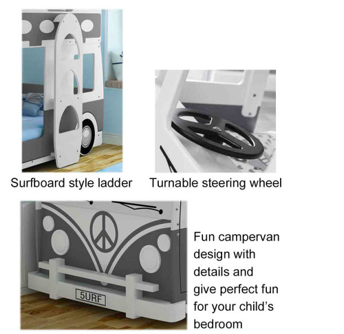 Surfs Up Dude! Surf Bus Bunk Bed Features a standard single size bunk bed which is close to the ground for little ones! Use the top for storage if needed and bottom bunk to sleep! Very Cool! Surfs Up Dude! Surf Bus Bunk Bed Features a standard single size bunk bed which is close to the ground for little ones! Use the top for storage if needed and bottom bunk to sleep! Very Cool!