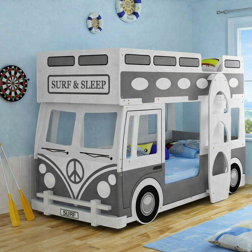 Surfs Up Dude! Surf Bus Bunk Bed Features a standard single size bunk bed which is close to the ground for little ones! Use the top for storage if needed and bottom bunk to sleep! Very Cool!