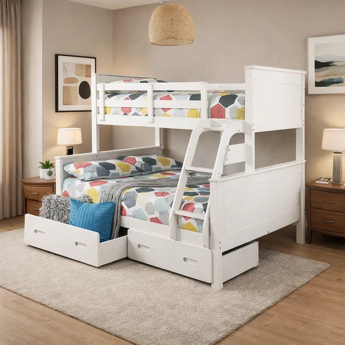 Maximize your bedroom space with the Jordon White Bunk Bed, crafted from high-quality solid pine for durability and style. Its sleek white finish complements any décor, while the sturdy frame ensures lasting stability. Designed for versatility, this bunk bed features an optional under-bed storage drawer set, perfect for keeping rooms neat and organized. Ideal for growing families, shared rooms, or guest accommodations, the Jordon Bunk combines functionality with modern aesthetics.