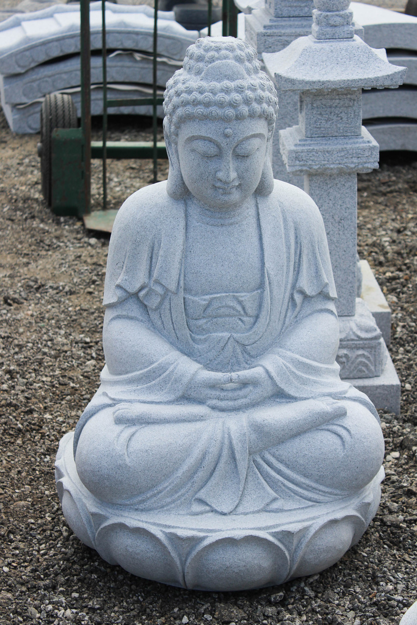 Meditating Buddha on Lotus Flower Pad Granite Stone Statue