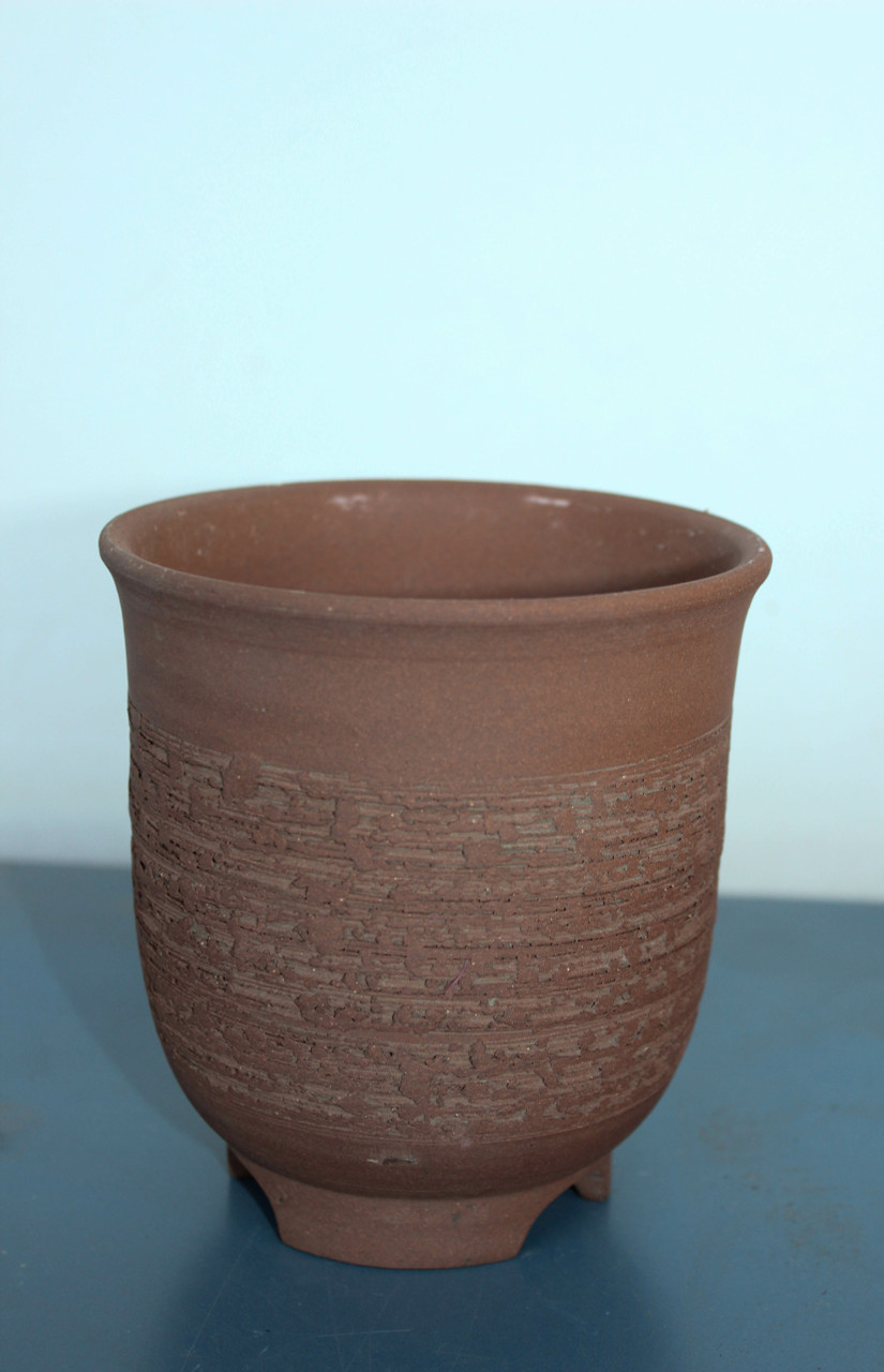 Japanese Yokkaichi Red Brown Clay Unglazed Tall Circle with Textured Rustic  Ridges on Side 5"Dia