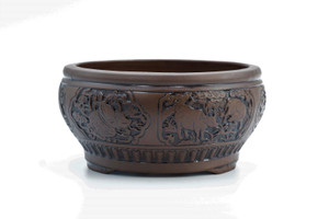 Chinese engraved circle pot  outside 11"D x6"H