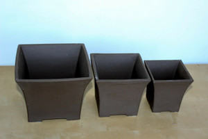 Japanese Yokkaichi Dark Clay Brown Unglazed Square 3.75"L, 5.25"L & 6"L Cascade Ceramic Bonsai Pots (3 Piece Set) - Main Image