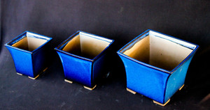 Japanese Yokkaichi Azure Blue Glazed Square 3.75"L, 5.25"L & 6"L Cascade Ceramic Bonsai Pots (3 Piece Set) - Main Image Japanese Yokkaichi Azure Blue Glazed Square 3.75"L, 5.25"L & 6"L Cascade Ceramic Bonsai Pots (3 Piece Set) - Main Image