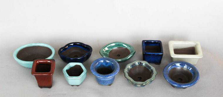 Japanese Yokkaichi Multiple Colors & Shapes Glazed Tiny Micro Mame Ceramic Bonsai Pot Set - Sizes from 1.5 to 3 Inches - Variety Set of 10 Pieces (Pot Set 02-5) - Main Image