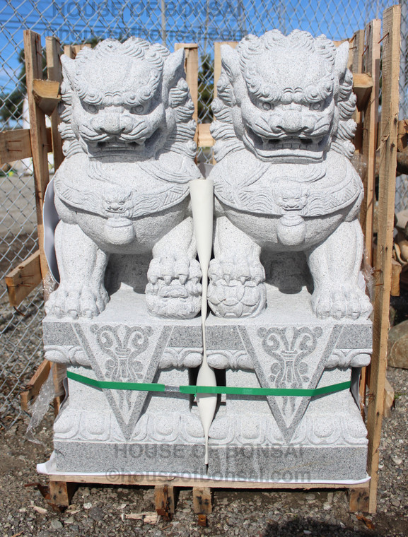 Stone Lion Dogs - Pair of White Granite Stone Statues (2 Foo Dogs or Shishi Dogs) - Main Image