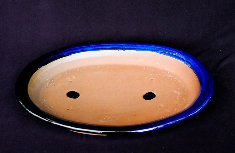Japanese  Royal Blue Glazed Oval 14.5"L x 11.25"W x 2.5"H Slim Forest & Raft Ceramic Bonsai Pot - Main Image
