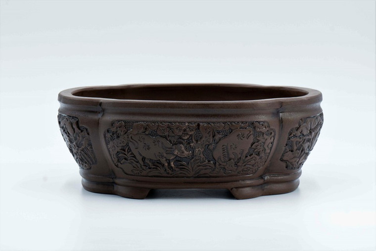 Chinese engraved flower shape pot  outside 12.5" L x 9.5" W x 4.5" H