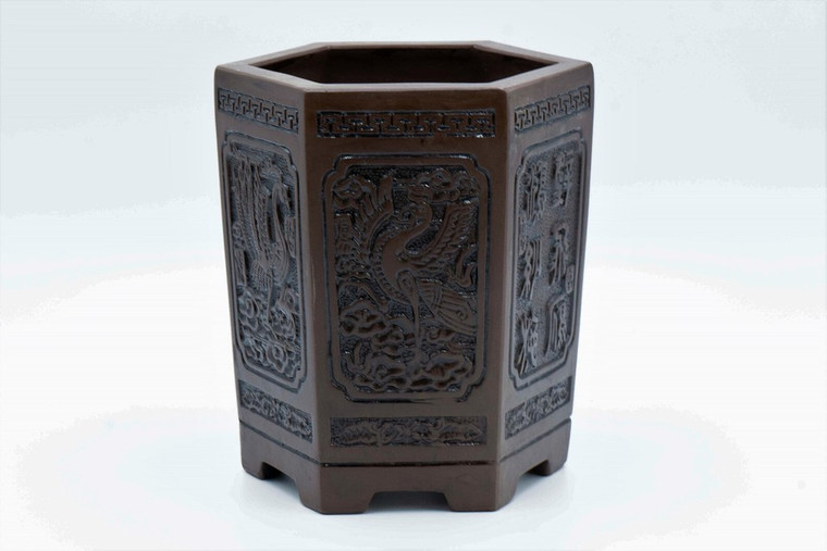 Chinese engraved hexagon pot outside 7"D x10.2"H