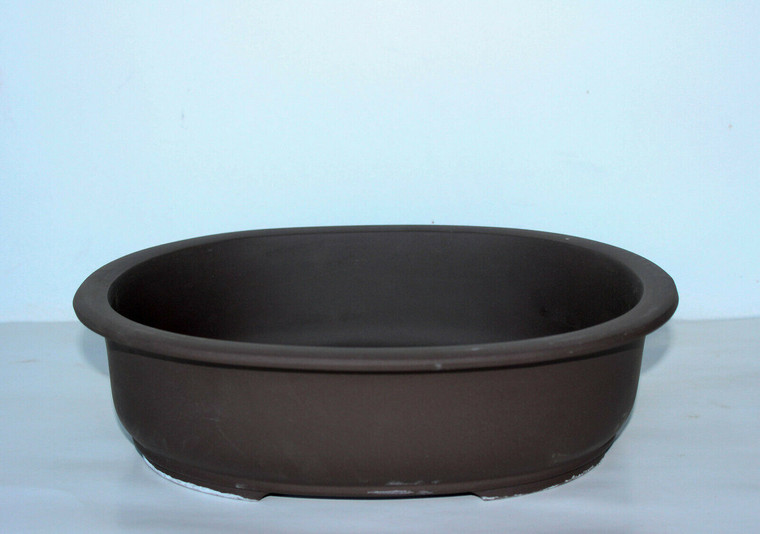 Japanese Yokkaichi Dark Brown Clay Unglazed Oval 14.5"L x 12.5"W x 3.5"H Ceramic Bonsai Pot - Main Image