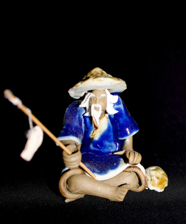 2"H x 1.5"L Blue Fisherman Glazed Mudmen Bonsai Figurine - Main Image