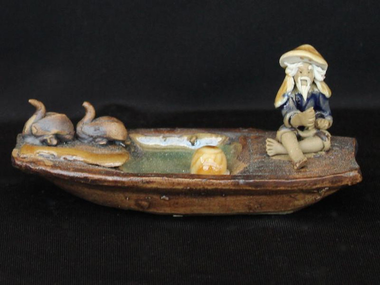 3.5"L x 1.5"H Fisherman on Boat with Birds Clay Mudmen Bonsai Figurine - Main Image