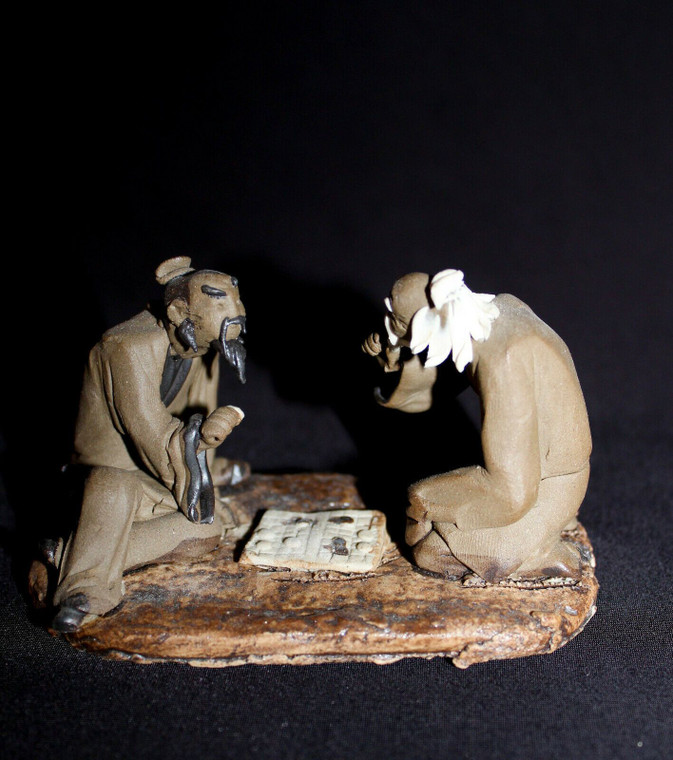 4"L x 2.5"H Two Old Men Playing Chinese Chess Unglazed Mudmen Bonsai Figurine - Main Image