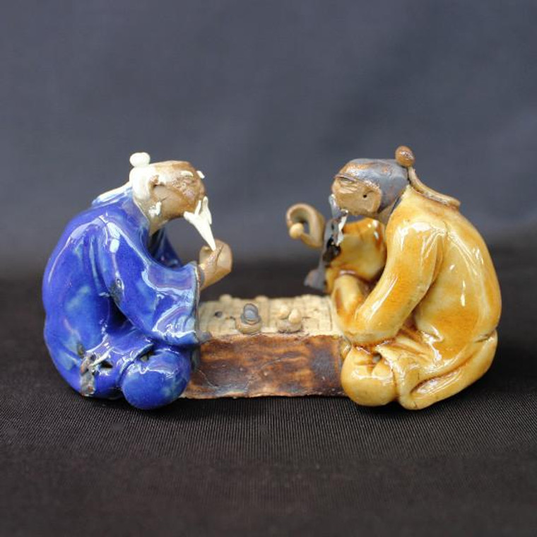 4"L x 2.5"H Old Men Playing Chinese Chess Glazed Mudmen Bonsai Figurine - Main Image