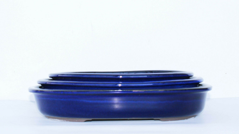 Japanese Yokkaichi Royal Blue Glazed Oval 8.75"L, 10"L & 11.25"L Forest & Raft Ceramic Bonsai Pots (3 Piece Set) - Main Image