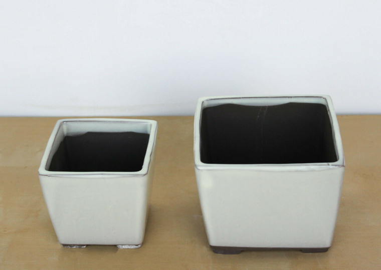 Japanese Yokkaichi Creamy White Glazed Square 3.25"L & 4.25"L 2 Piece Ceramic Bonsai Pots Set - Main Image