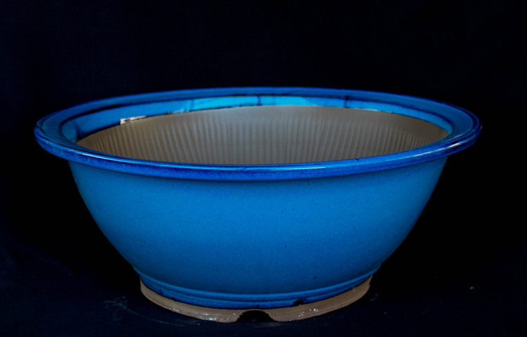 Japanese Yokkaichi Azure Blue Glazed Round Bowl 19"Dia x 6.5"H Ceramic Bonsai Pot - Main Image