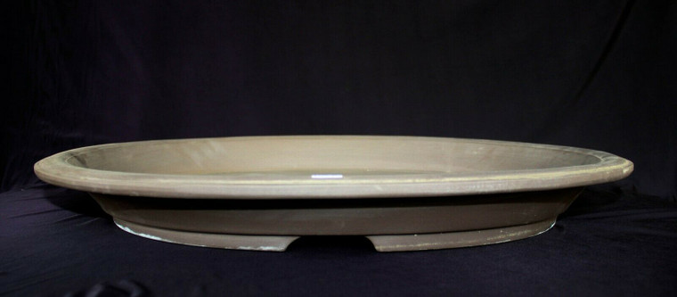Japanese  Dark Brown Clay Unglazed Oval 11.75"L x 9.25"W x 2.25"H Slim Forest & Raft Ceramic Bonsai Pot - Side View Image